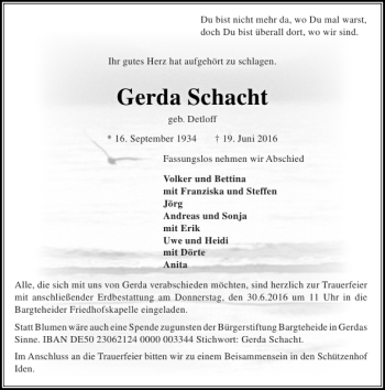 Traueranzeige von Gerda Schacht von Stormarner Tageblatt