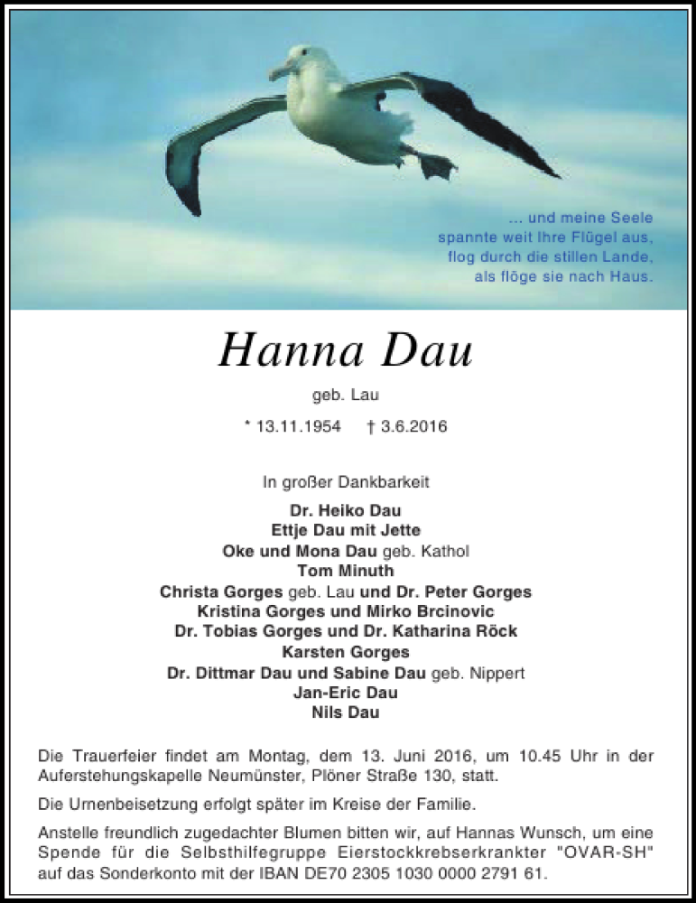  Traueranzeige für Hanna Dau vom 07.06.2016 aus Holsteinischer Courier