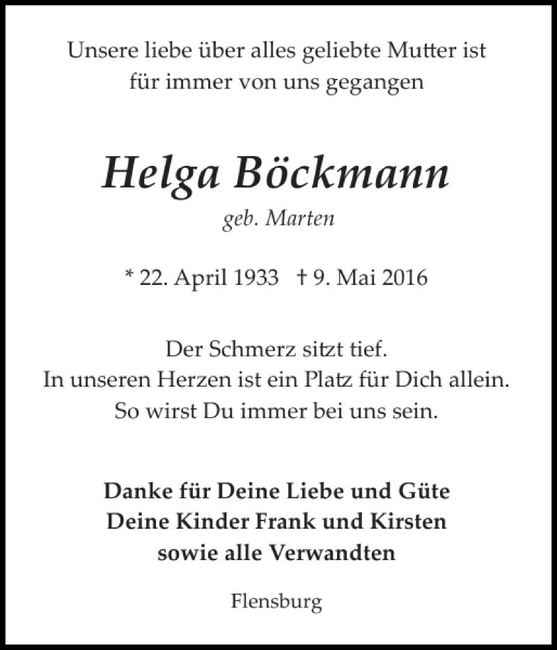  Traueranzeige für Helga Böckmann vom 11.06.2016 aus Flensburger Tageblatt