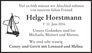 Traueranzeige von Helge Horstmann von Husumer Nachrichten