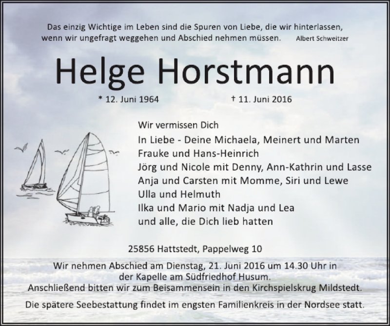  Traueranzeige für Helge Horstmann vom 16.06.2016 aus Husumer Nachrichten