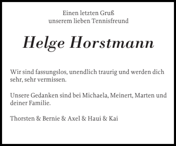 Traueranzeige von Helge Horstmann von Husumer Nachrichten