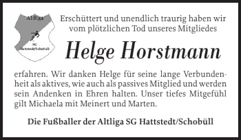 Traueranzeige von Helge Horstmann von Husumer Nachrichten