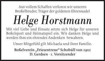Traueranzeige von Helge Horstmann von Husumer Nachrichten