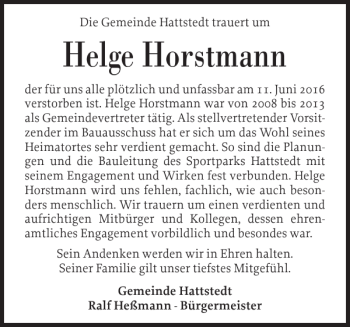 Traueranzeige von Helge Horstmann von Husumer Nachrichten
