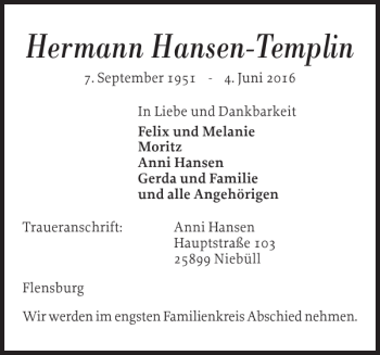 Traueranzeige von Hermann Hansen-Templin von Flensburger Tageblatt