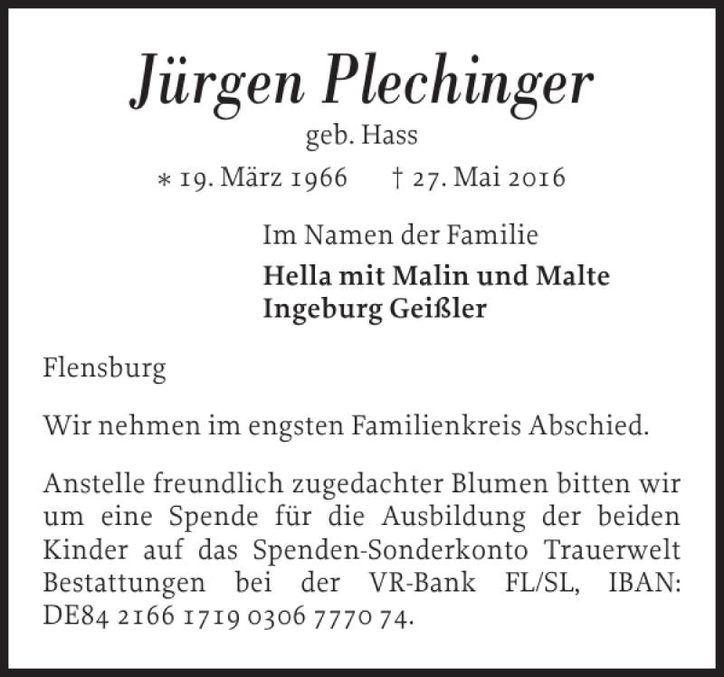 Traueranzeige für Jürgen Plechinger vom 01.06.2016 aus Flensburger Tageblatt