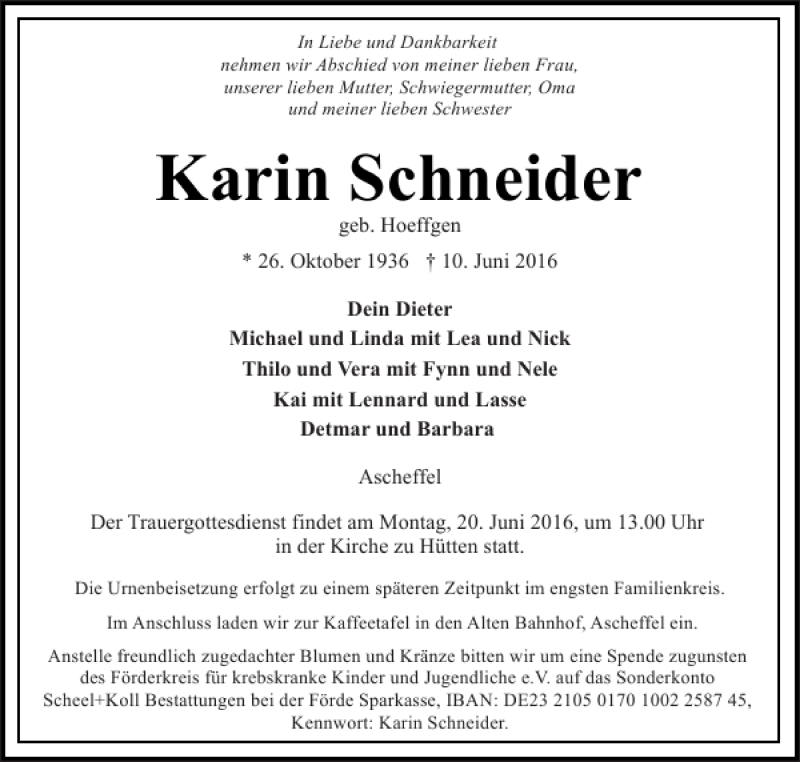  Traueranzeige für Karin Schneider vom 16.06.2016 aus Eckernförder Zeitung