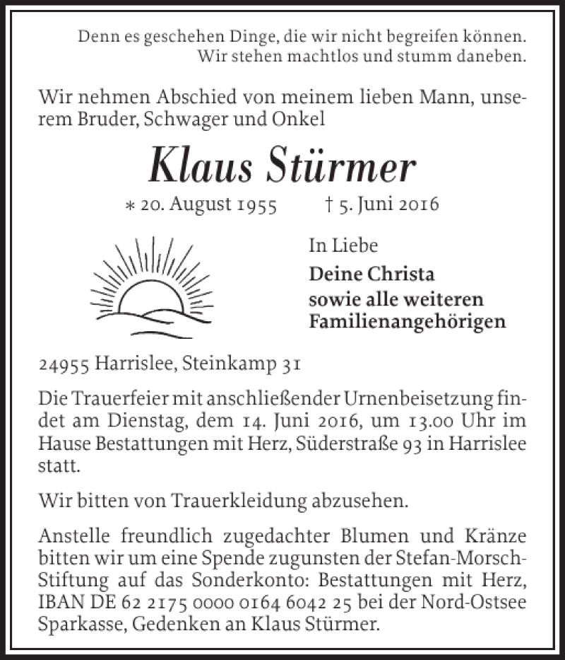  Traueranzeige für Klaus Stürmer vom 11.06.2016 aus Flensburger Tageblatt