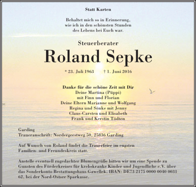  Traueranzeige für Roland Sepke vom 06.06.2016 aus Husumer Nachrichten