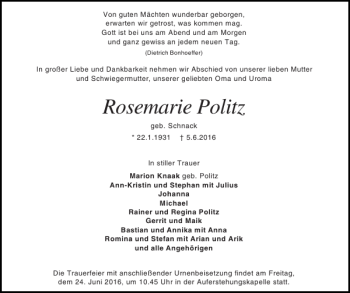 Traueranzeige von Rosemarie Politz von Holsteinischer Courier