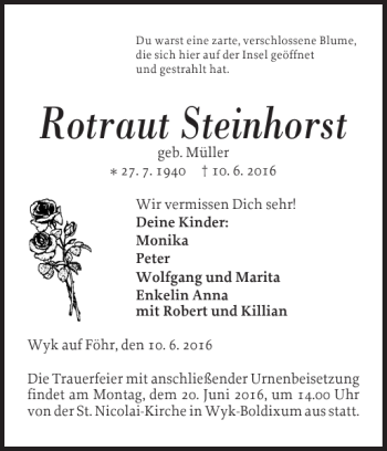 Traueranzeige von Rotraut Steinhorst von Der Insel-Bote