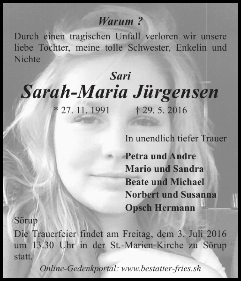  Traueranzeige für Sarah-Maria Jürgensen vom 01.06.2016 aus Flensburger Tageblatt