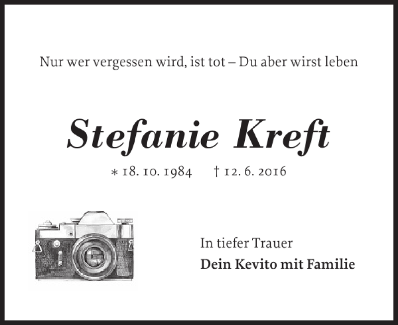  Traueranzeige für Stefanie Kreft vom 18.06.2016 aus Holsteinischer Courier