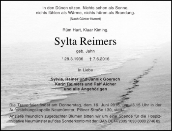 Traueranzeige von Sylta Reimers von Holsteinischer Courier