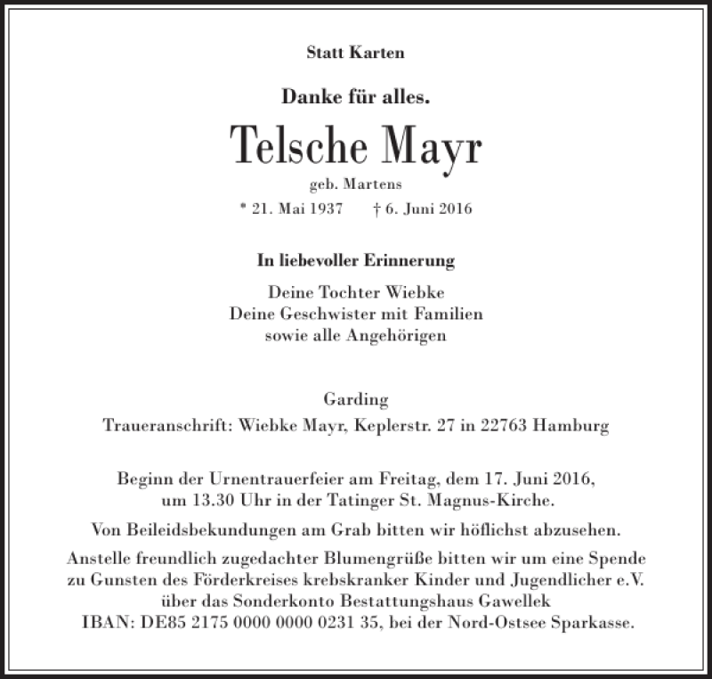 Traueranzeige für Telsche Mayr vom 11.06.2016 aus Husumer Nachrichten