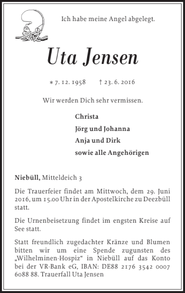  Traueranzeige für Uta Jensen vom 25.06.2016 aus Der Insel-Bote