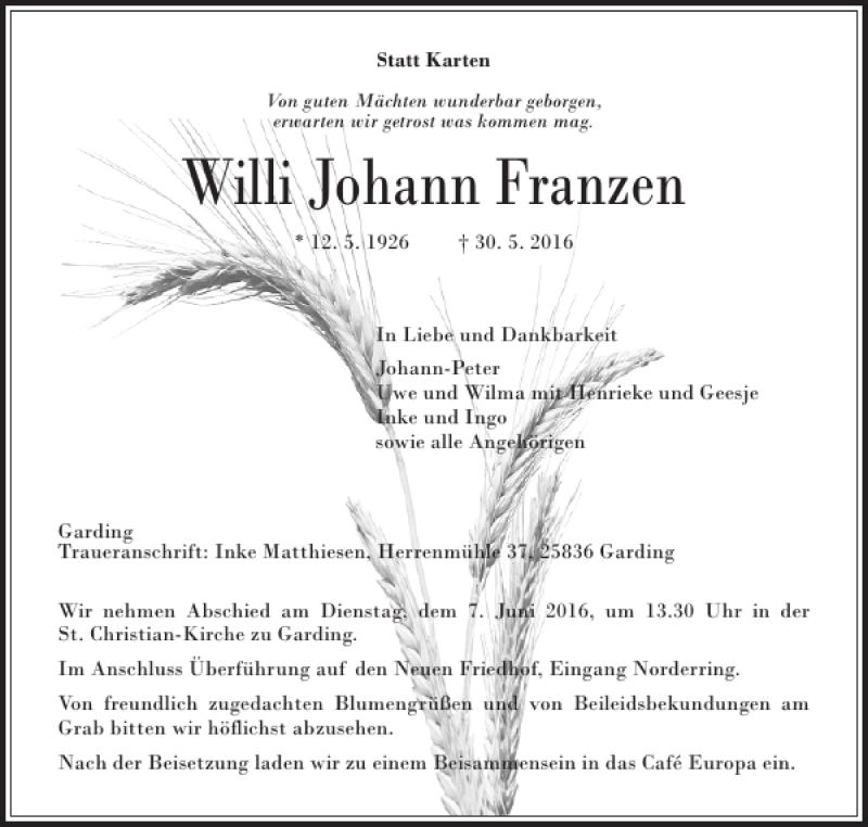  Traueranzeige für Willi Johann Franzen vom 03.06.2016 aus Husumer Nachrichten