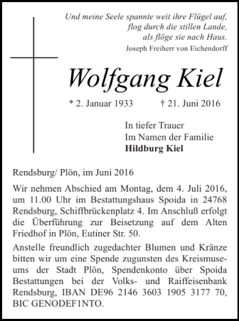 Traueranzeige von Wolfgang Kiel von Landeszeitung