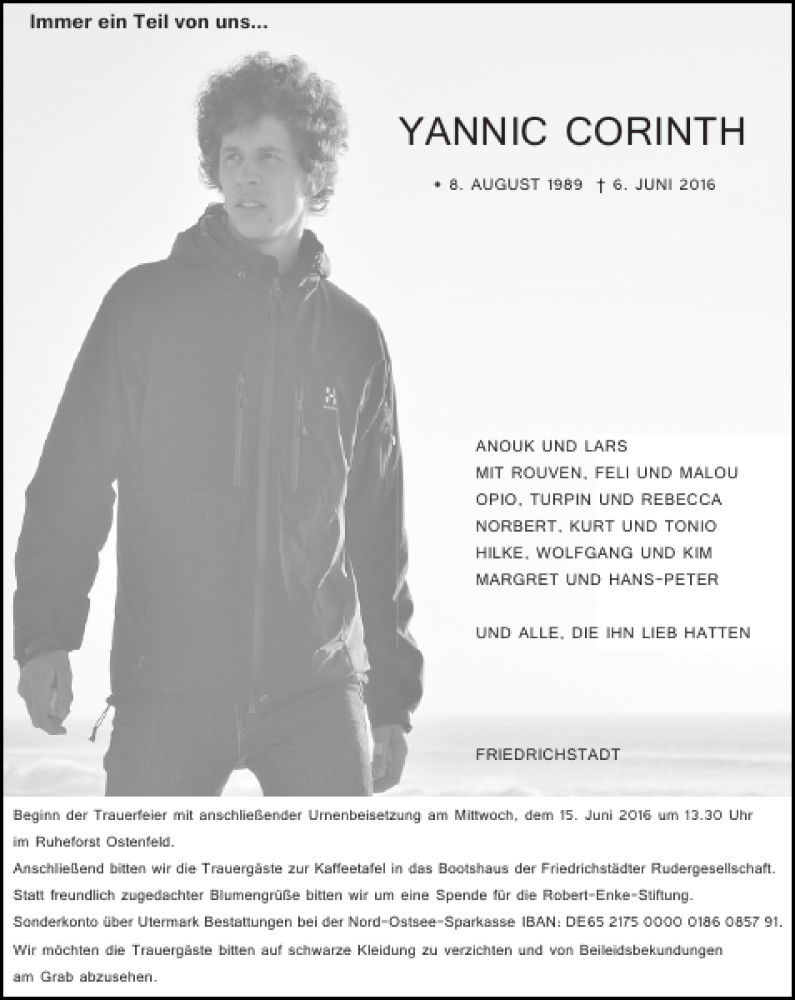  Traueranzeige für Yannic Corinth vom 11.06.2016 aus Husumer Nachrichten