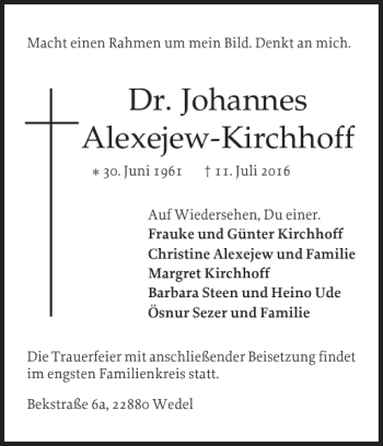 Traueranzeige von Dr. JohannesAlexejew-Kirchhoff von Wedel-Schulauer Tageblatt