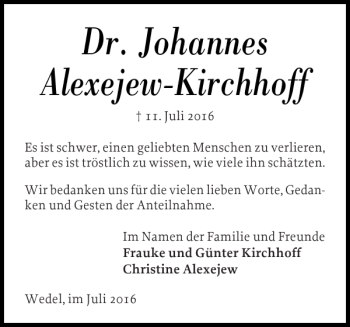 Traueranzeige von Dr. JohannesAlexejew-Kirchhoff von Wedel-Schulauer Tageblatt