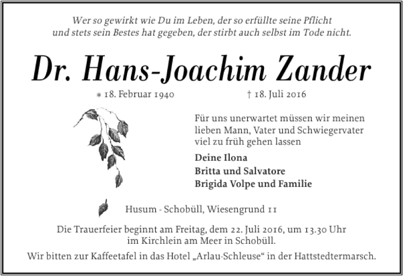  Traueranzeige für Dr. Hans-Joachim Zander vom 22.07.2016 aus Husumer Nachrichten