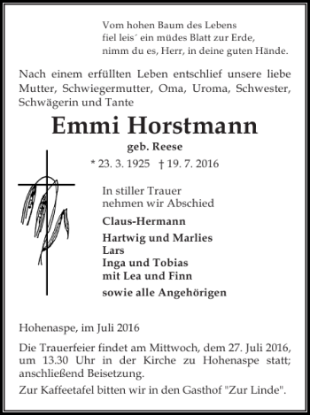 Traueranzeige von Emmi Horstmann von Norddeutsche Rundschau
