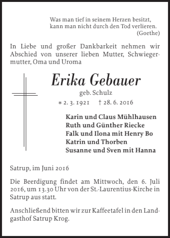 Traueranzeige von Erika Gebauer von Flensburger Tageblatt