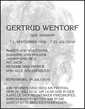 Traueranzeige von GERTRUD WENTORF von Landeszeitung