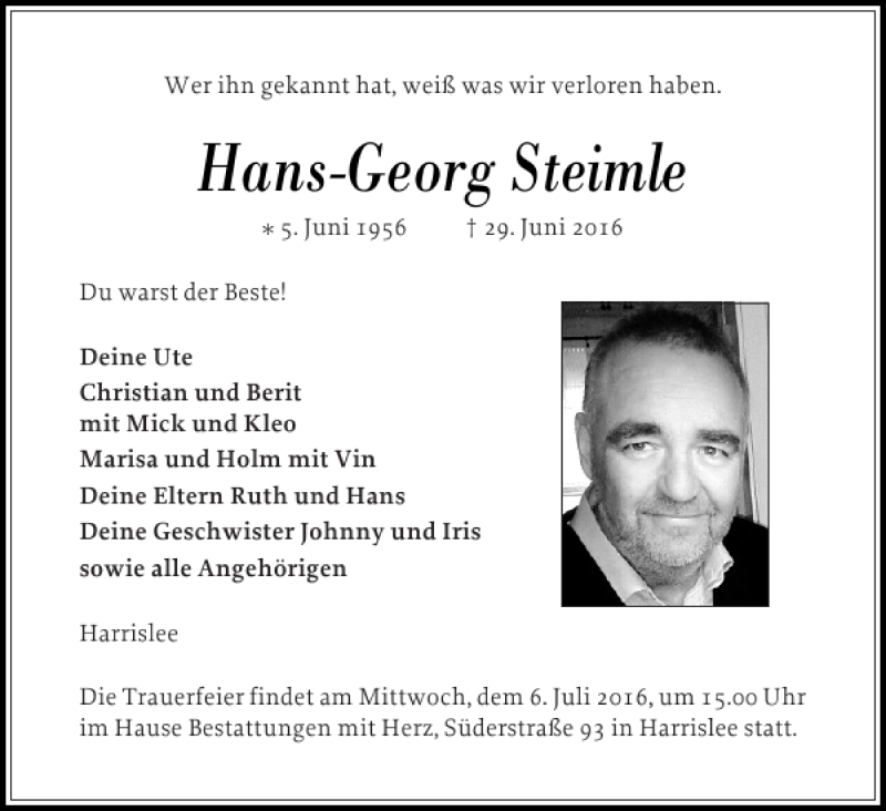  Traueranzeige für Hans-Georg Steimle vom 02.07.2016 aus Flensburger Tageblatt