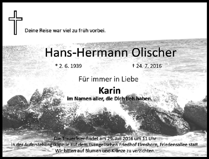  Traueranzeige für Hans-Hermann Olischer vom 26.07.2016 aus Elmshorner Nachrichten