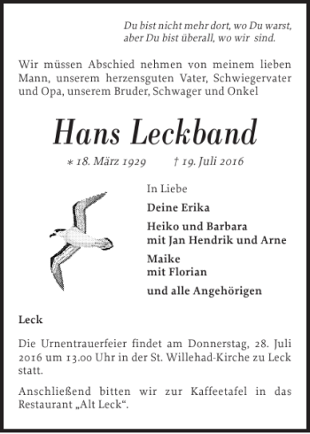 Traueranzeige von Hans Leckband von Nordfriesland Tageblatt