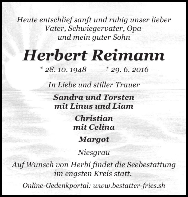  Traueranzeige für Herbert Reimann vom 02.07.2016 aus Flensburger Tageblatt