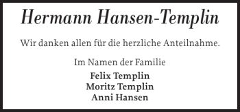 Traueranzeige von Hermann Hansen-Templin von Flensburger Tageblatt
