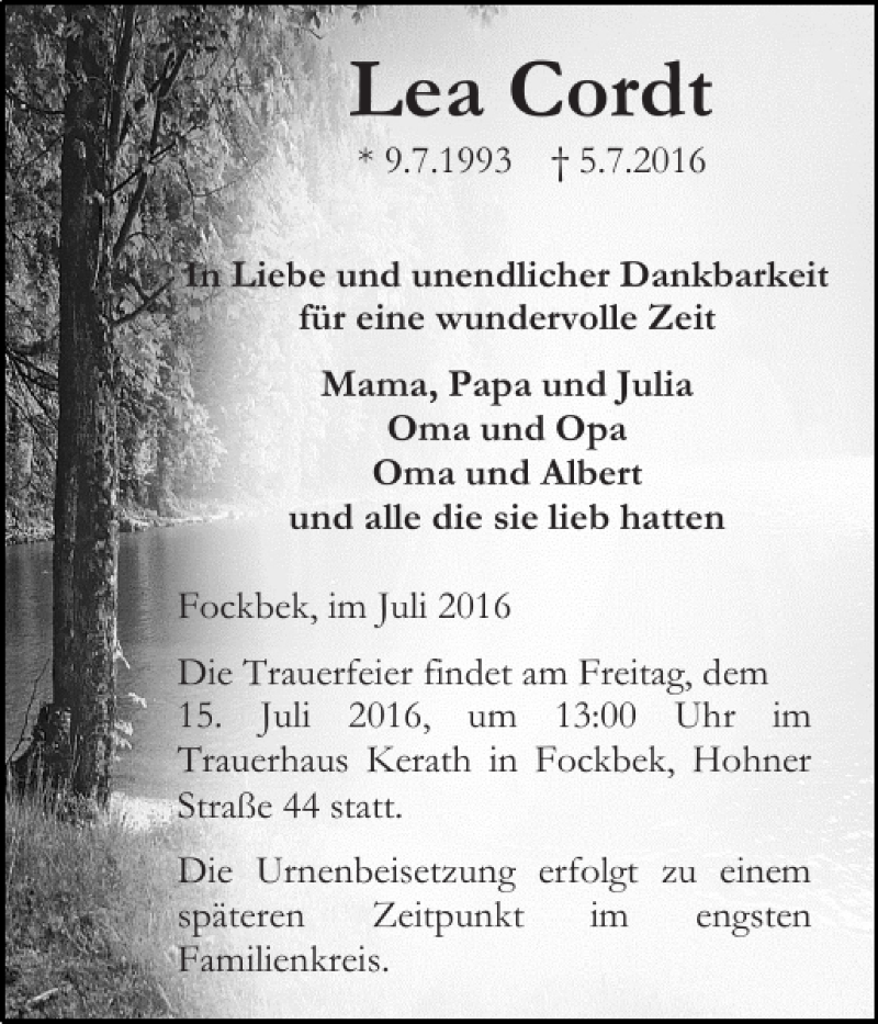  Traueranzeige für Lea Cordt vom 09.07.2016 aus Landeszeitung