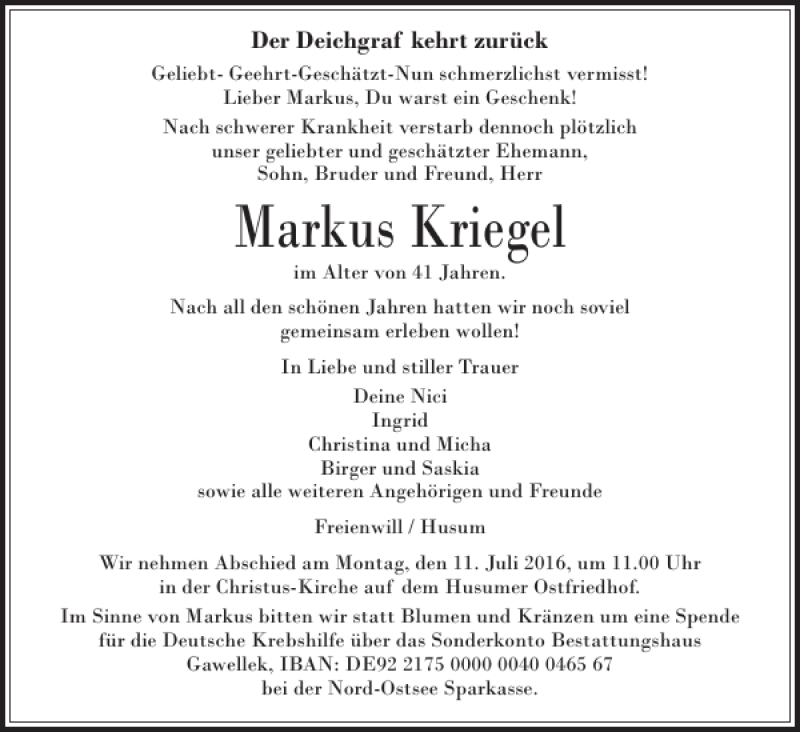  Traueranzeige für Markus Kriegel vom 06.07.2016 aus Husumer Nachrichten