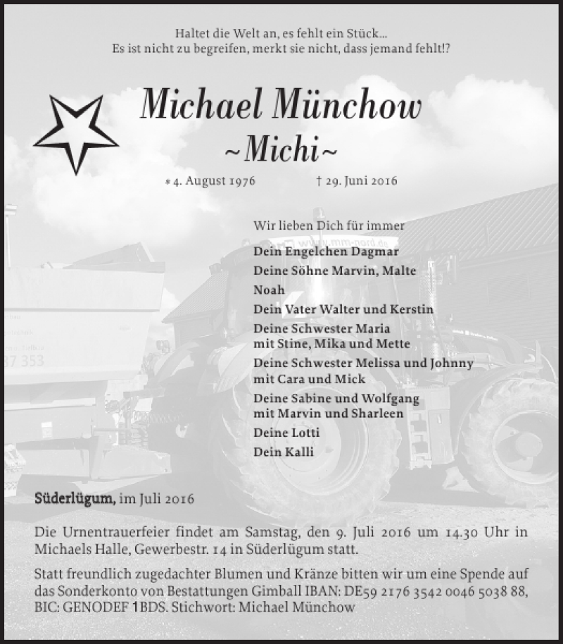 Traueranzeige für Michael Münchow vom 05.07.2016 aus Husumer Nachrichten