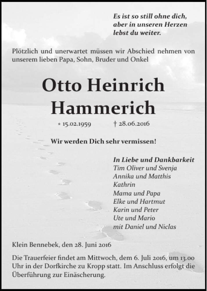  Traueranzeige für Otto Heinrich Hammerich vom 02.07.2016 aus Landeszeitung