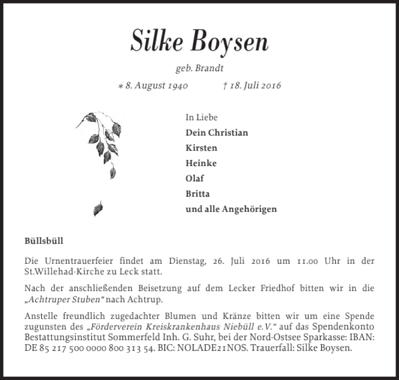  Traueranzeige für Silke Boysen vom 22.07.2016 aus Nordfriesland Tageblatt