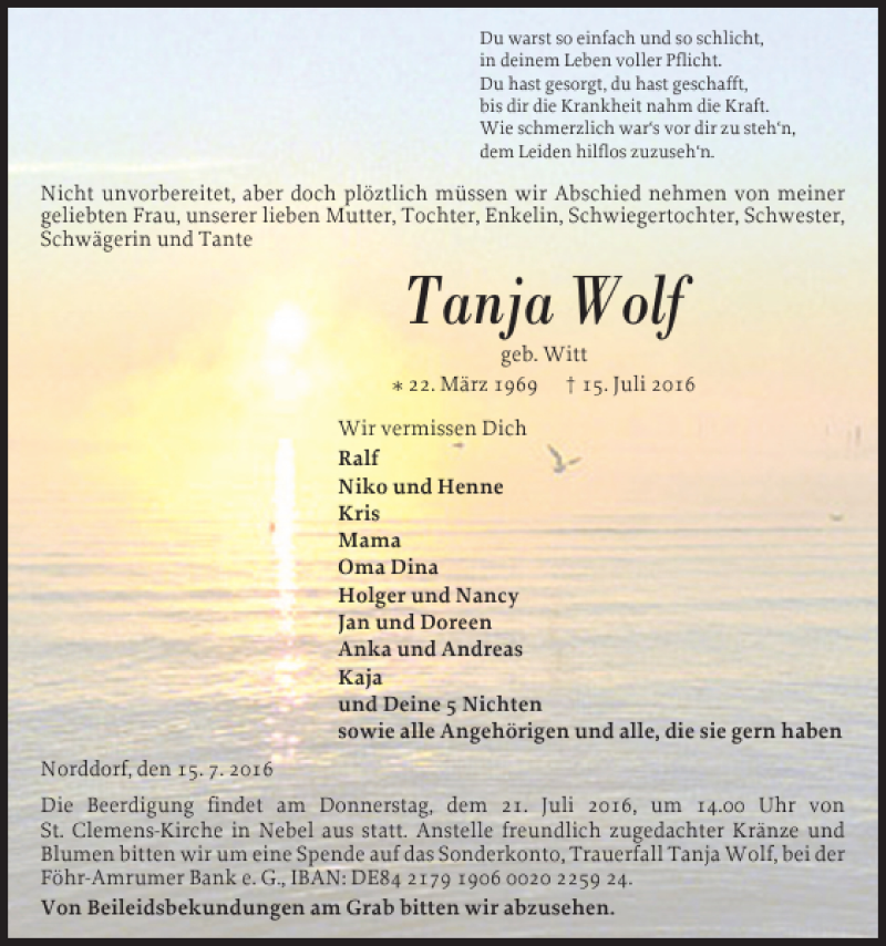  Traueranzeige für Tanja Wolf vom 19.07.2016 aus Der Insel-Bote