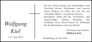 Traueranzeige von Wolfgang Kiel von Landeszeitung