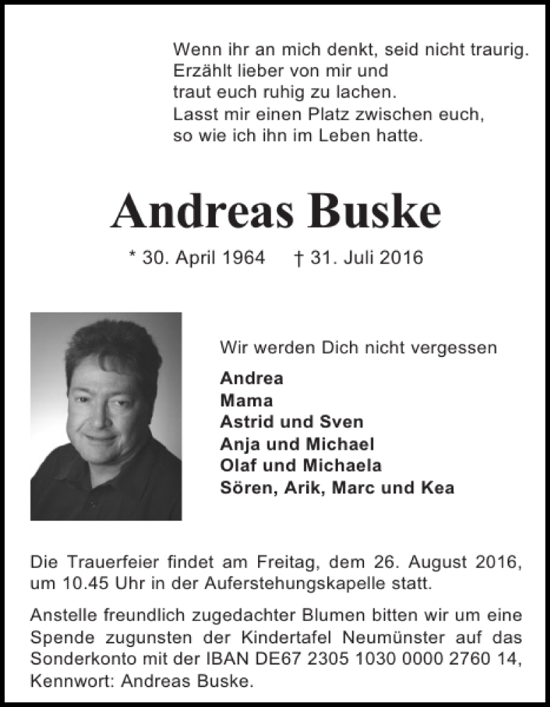  Traueranzeige für Andreas Buske vom 13.08.2016 aus Holsteinischer Courier