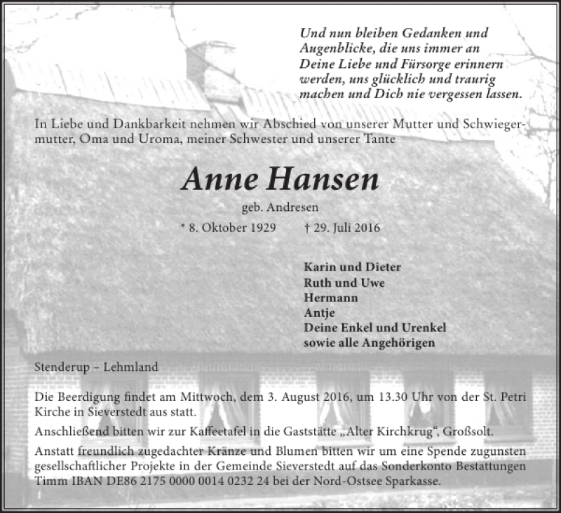  Traueranzeige für Anne Hansen vom 01.08.2016 aus Flensburger Tageblatt
