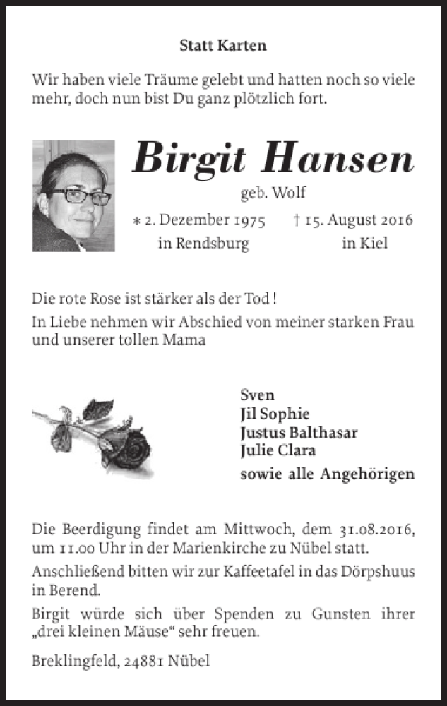  Traueranzeige für Birgit Hansen vom 25.08.2016 aus Landeszeitung