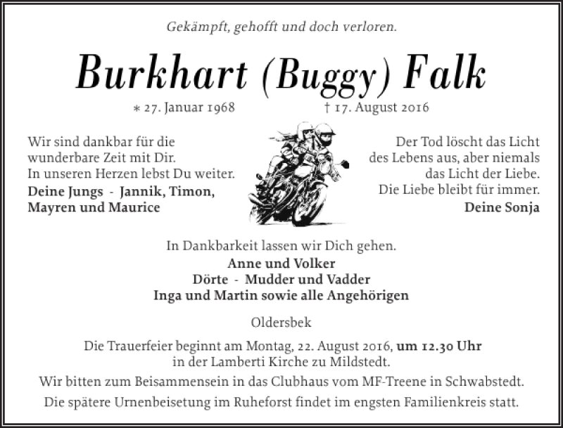  Traueranzeige für Burkhart Falk vom 20.08.2016 aus Husumer Nachrichten