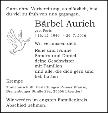 Traueranzeige von Bärbel Aurich von Norddeutsche Rundschau