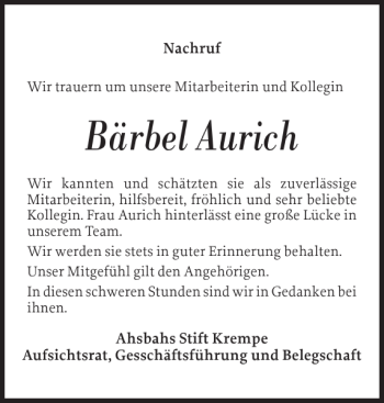 Traueranzeige von Bärbel Aurich von Norddeutsche Rundschau