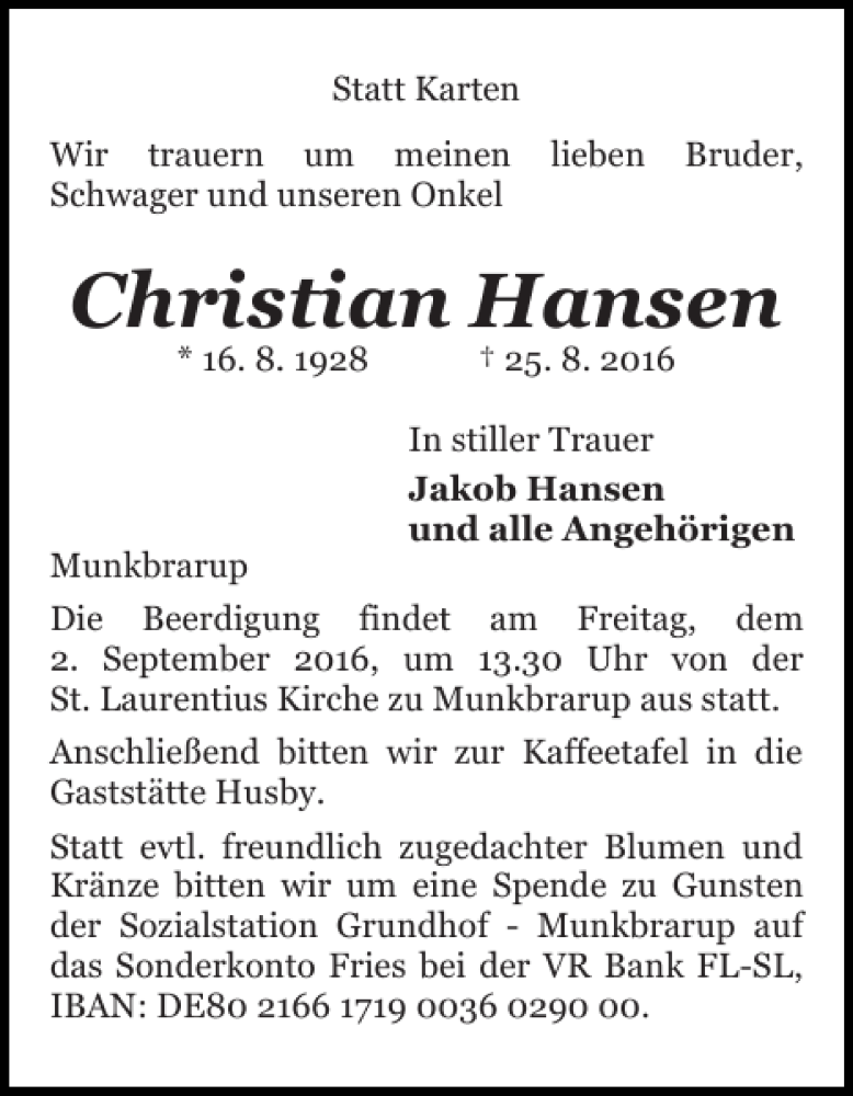  Traueranzeige für Christian Hansen vom 29.08.2016 aus Flensburger Tageblatt