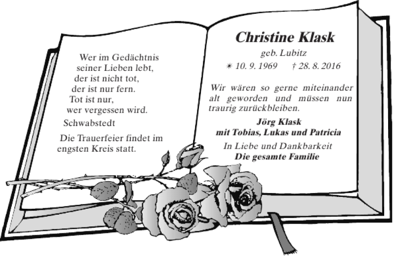  Traueranzeige für Christine Klask vom 31.08.2016 aus Husumer Nachrichten